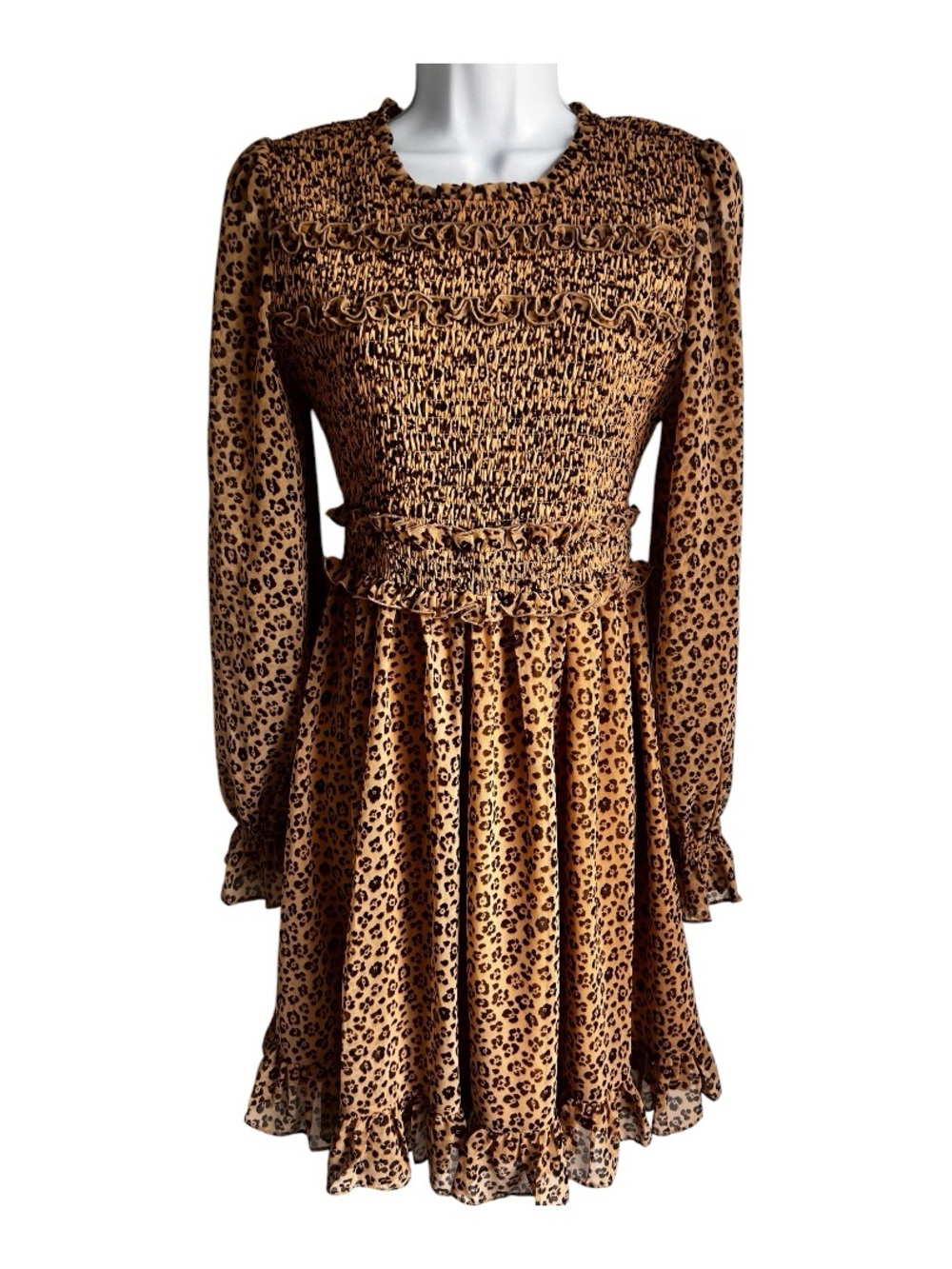Rachel Parcell Leopard Print Long-Sleeve Smocked Mini Dress